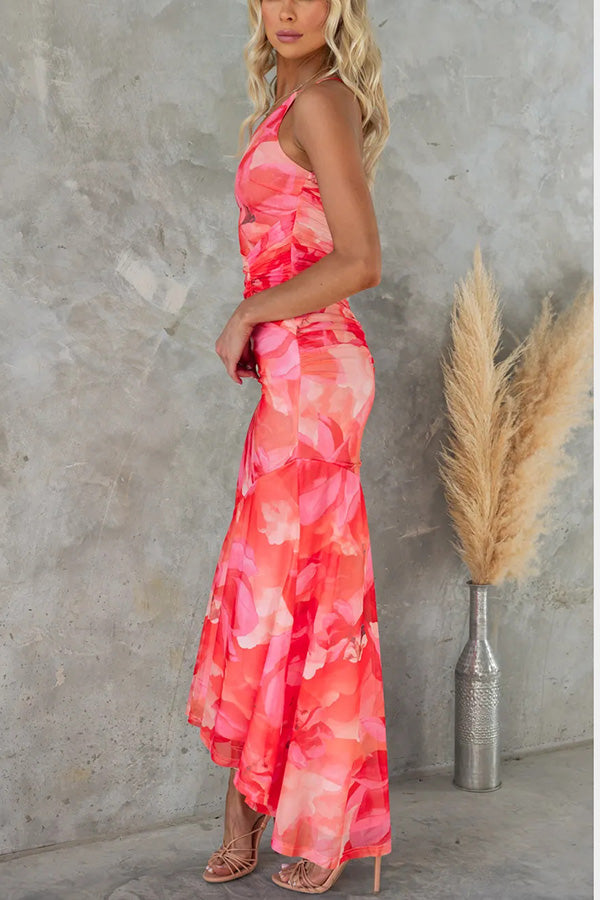 Selene | Ruched Mesh Floral Print Maxi Dress