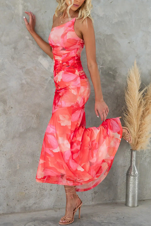 Selene | Ruched Mesh Floral Print Maxi Dress