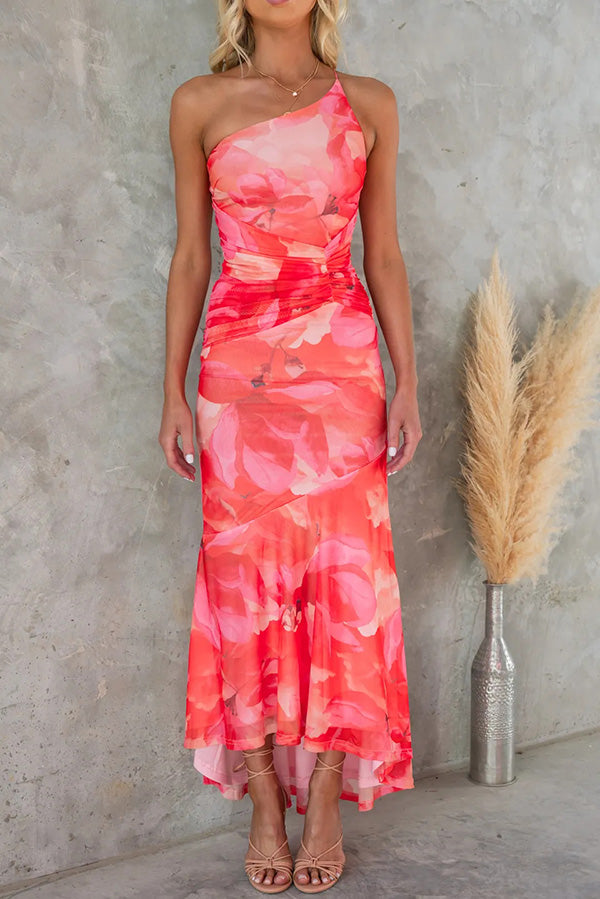 Selene | Ruched Mesh Floral Print Maxi Dress
