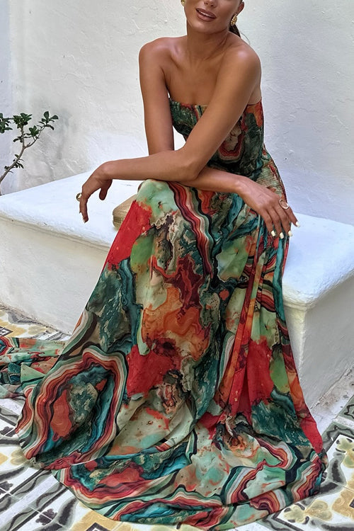 Thalina | Tropical Lava Print Off Shoulder Maxi Dress