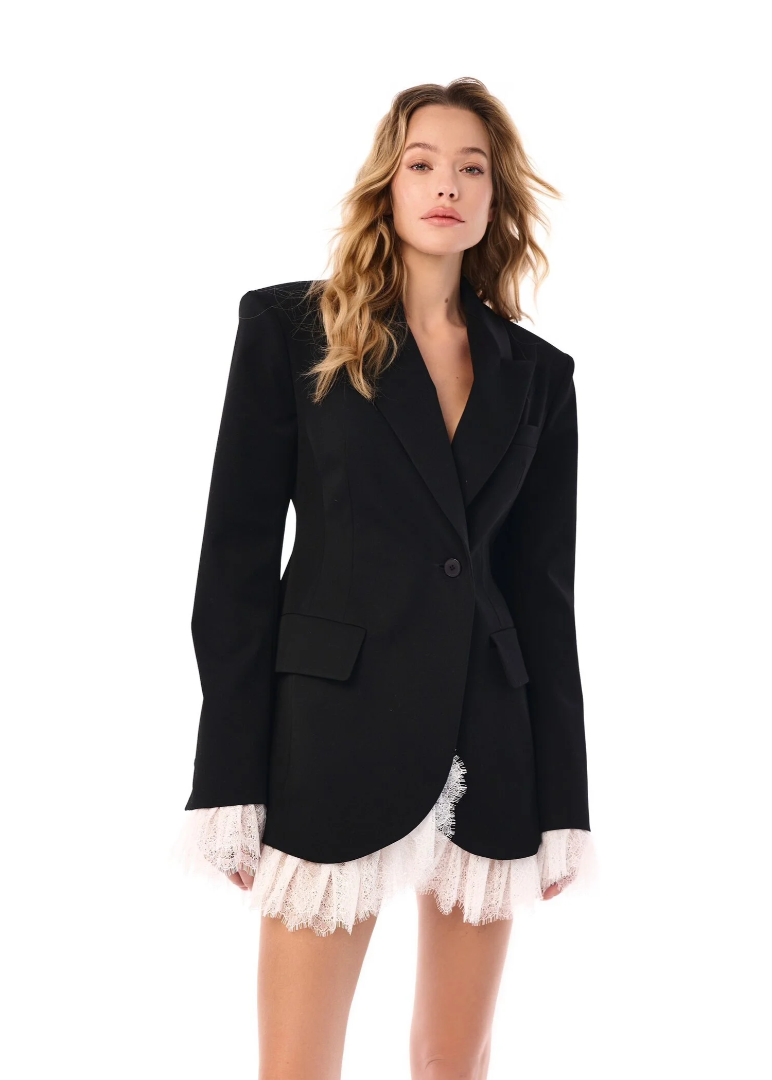 Emily | Lace Trim Button Blazer Dress