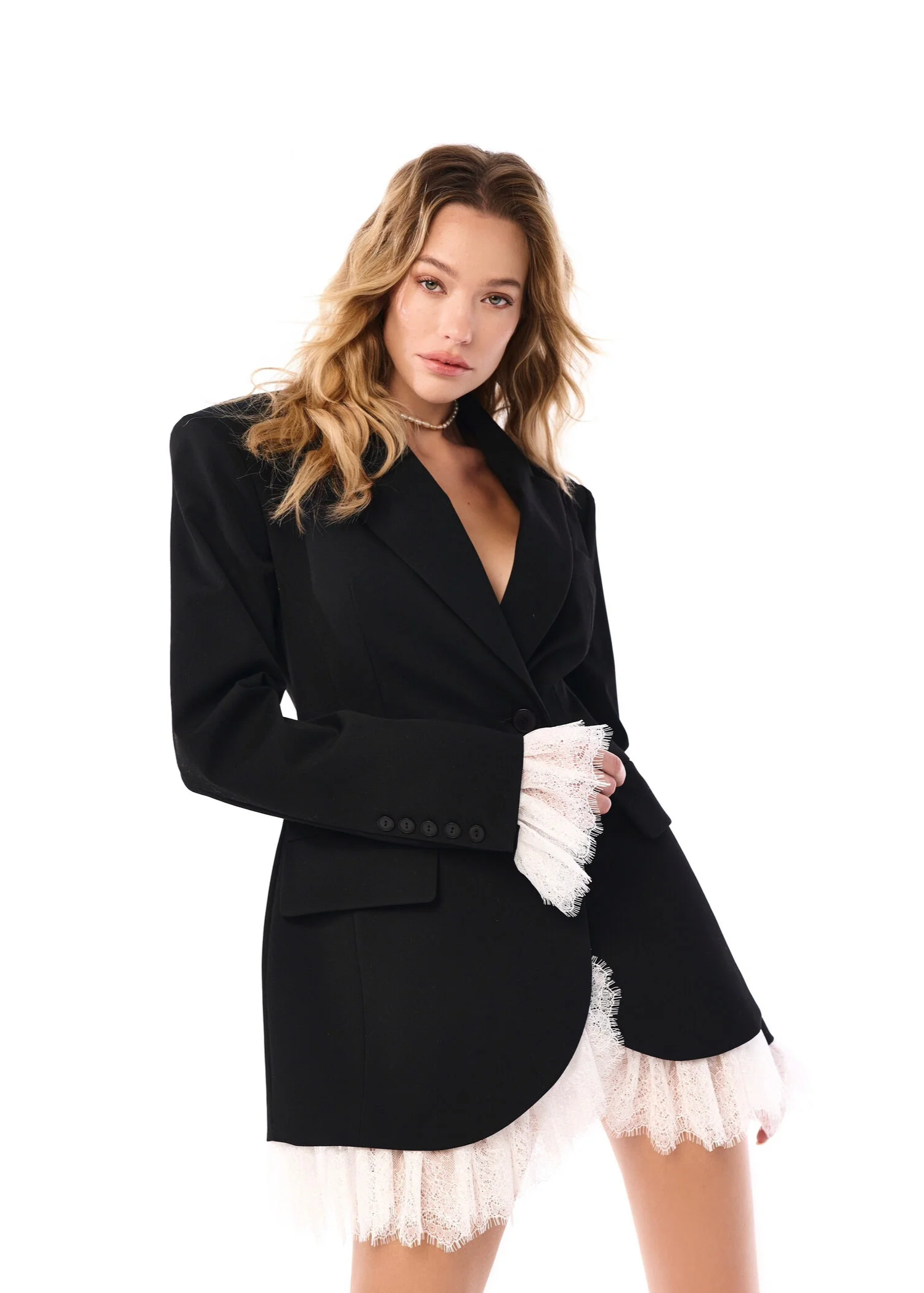 Emily | Lace Trim Button Blazer Dress