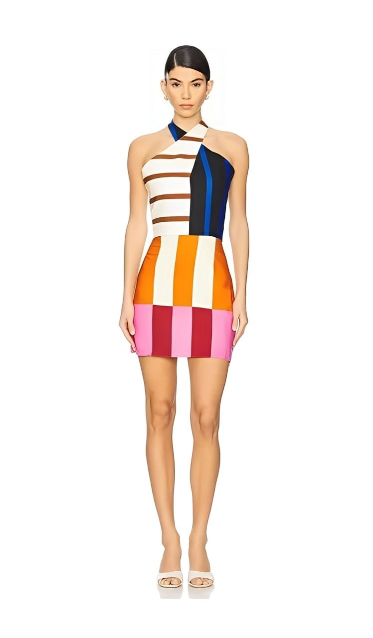 Kaïa | Abstract Color Block Halter Mini Dress