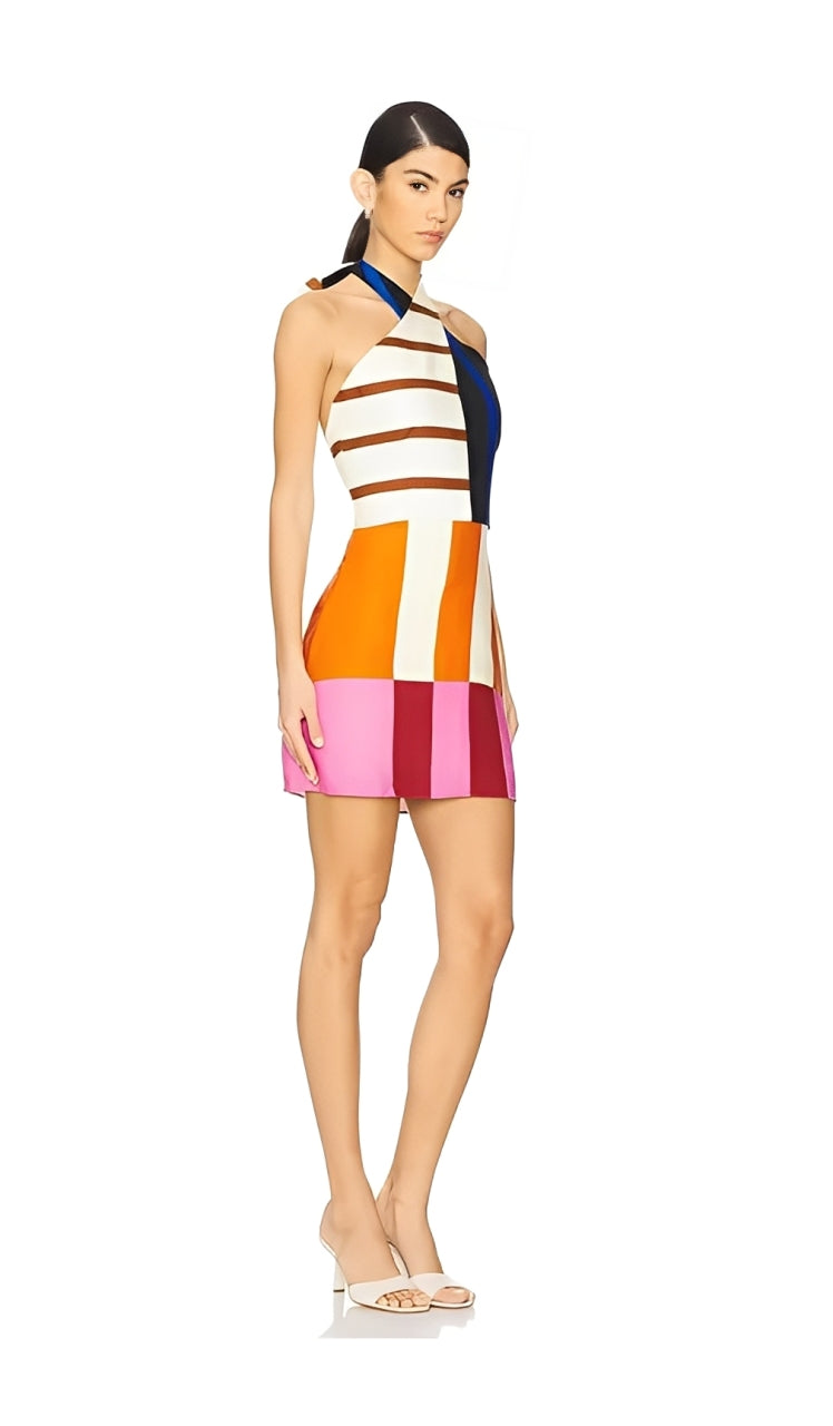 Kaïa | Abstract Color Block Halter Mini Dress