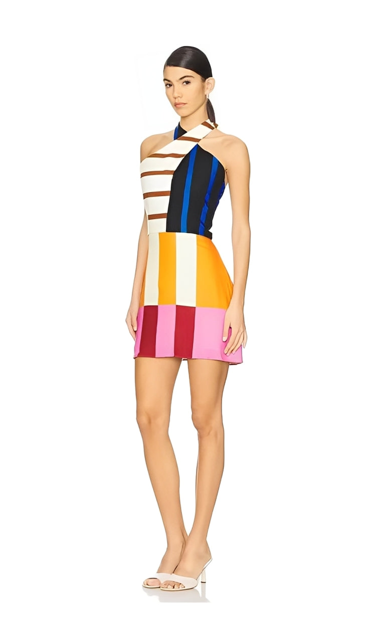 Kaïa | Abstract Color Block Halter Mini Dress