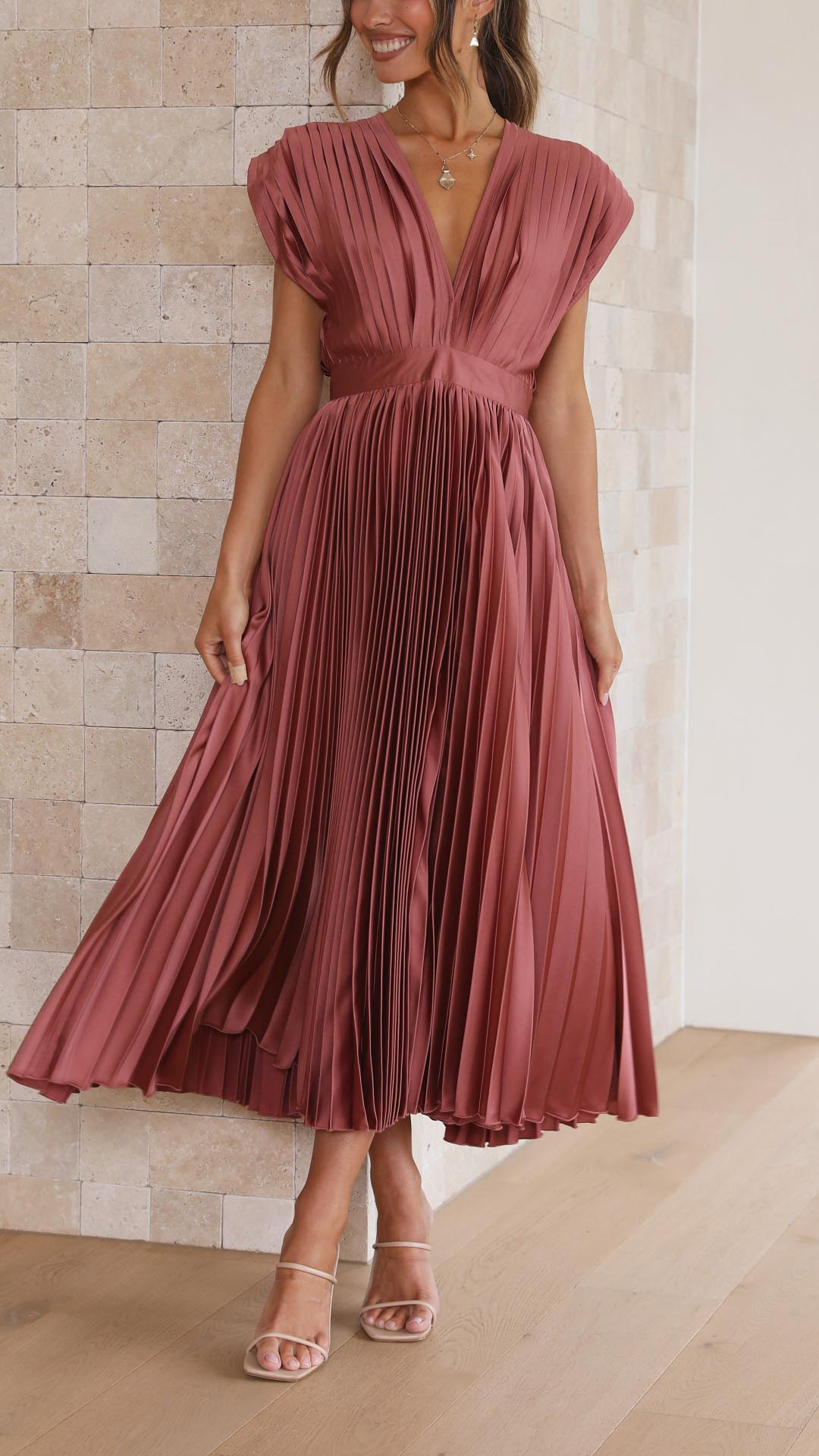 Eloria | Deep V-Neck Pleated Midi Dress