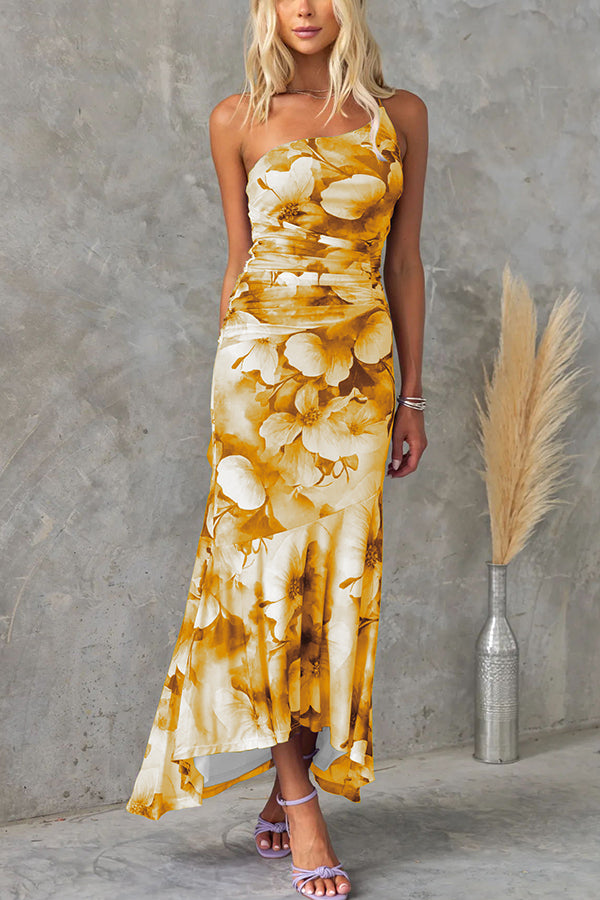 Selene | Ruched Mesh Floral Print Maxi Dress