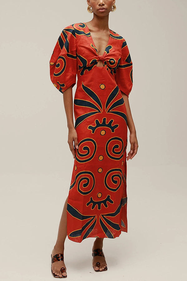 Elara | Linen Puff Sleeve Maxi Dress