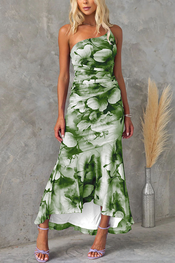Selene | Ruched Mesh Floral Print Maxi Dress