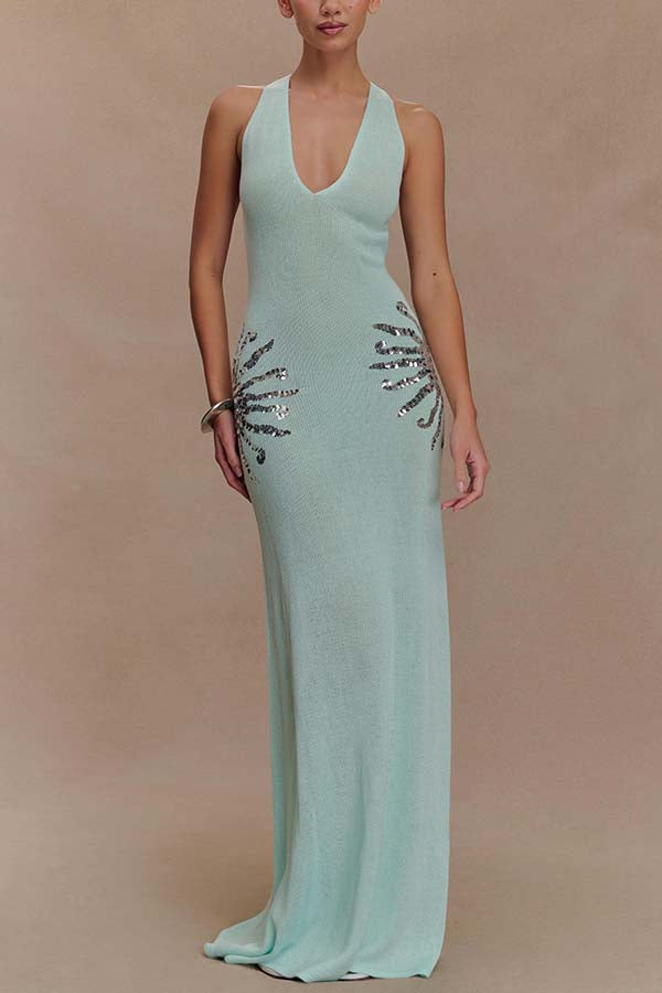 Valeria | Sparkling Sequin Cross Back Knit Maxi Dress
