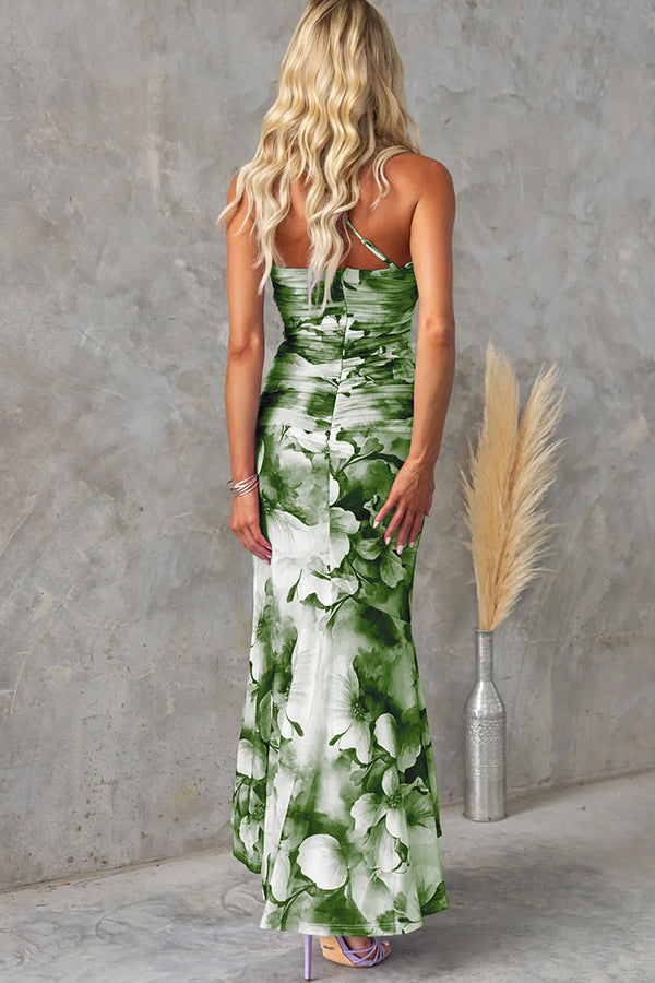 Selene | Ruched Mesh Floral Print Maxi Dress