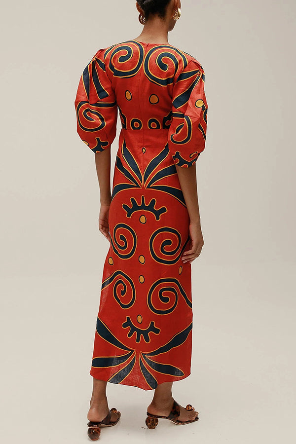 Elara | Linen Puff Sleeve Maxi Dress