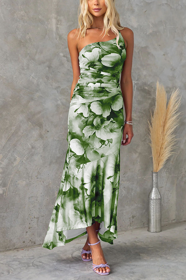 Selene | Ruched Mesh Floral Print Maxi Dress