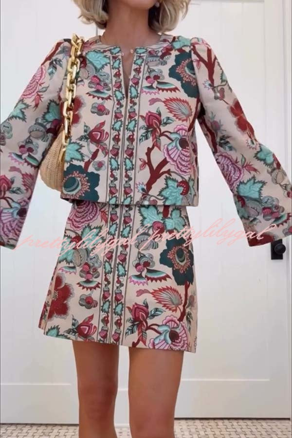 Autumn Garden Printed V-neck Long Bell Sleeve Top and Mid Rise Skirt Set