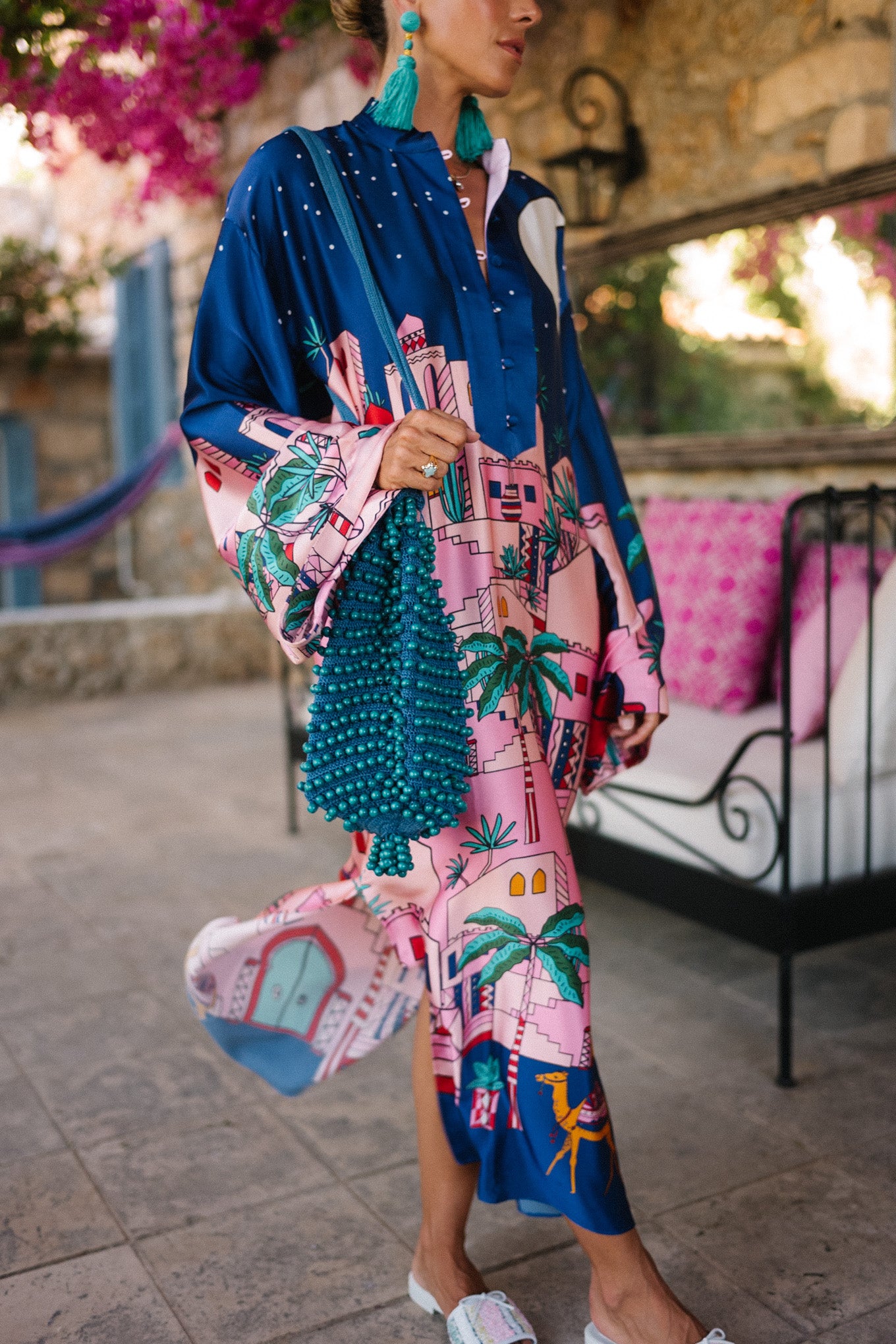 Mackenzie | Unique Satin Print Kaftan Midi Dress