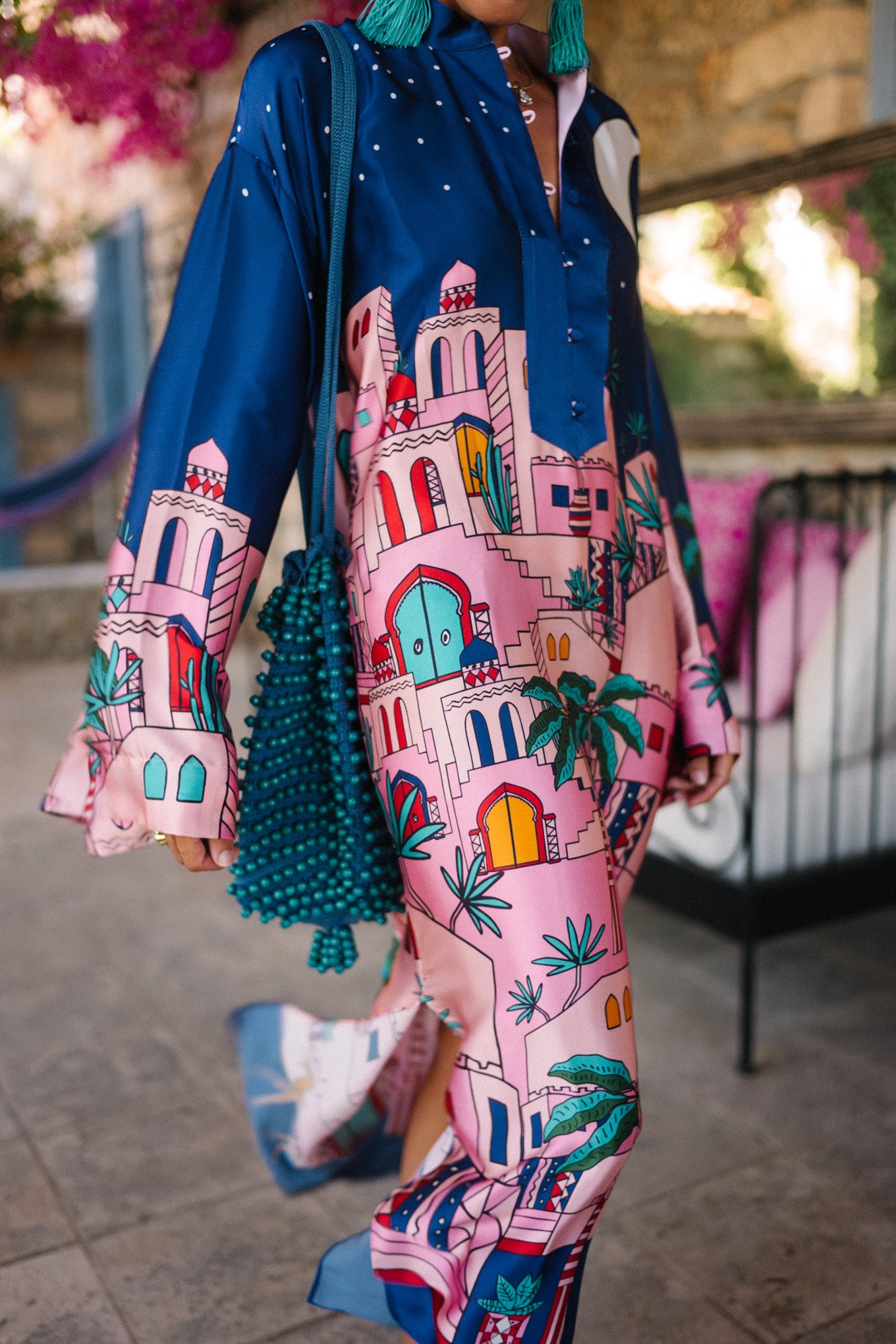 Mackenzie | Unique Satin Print Kaftan Midi Dress