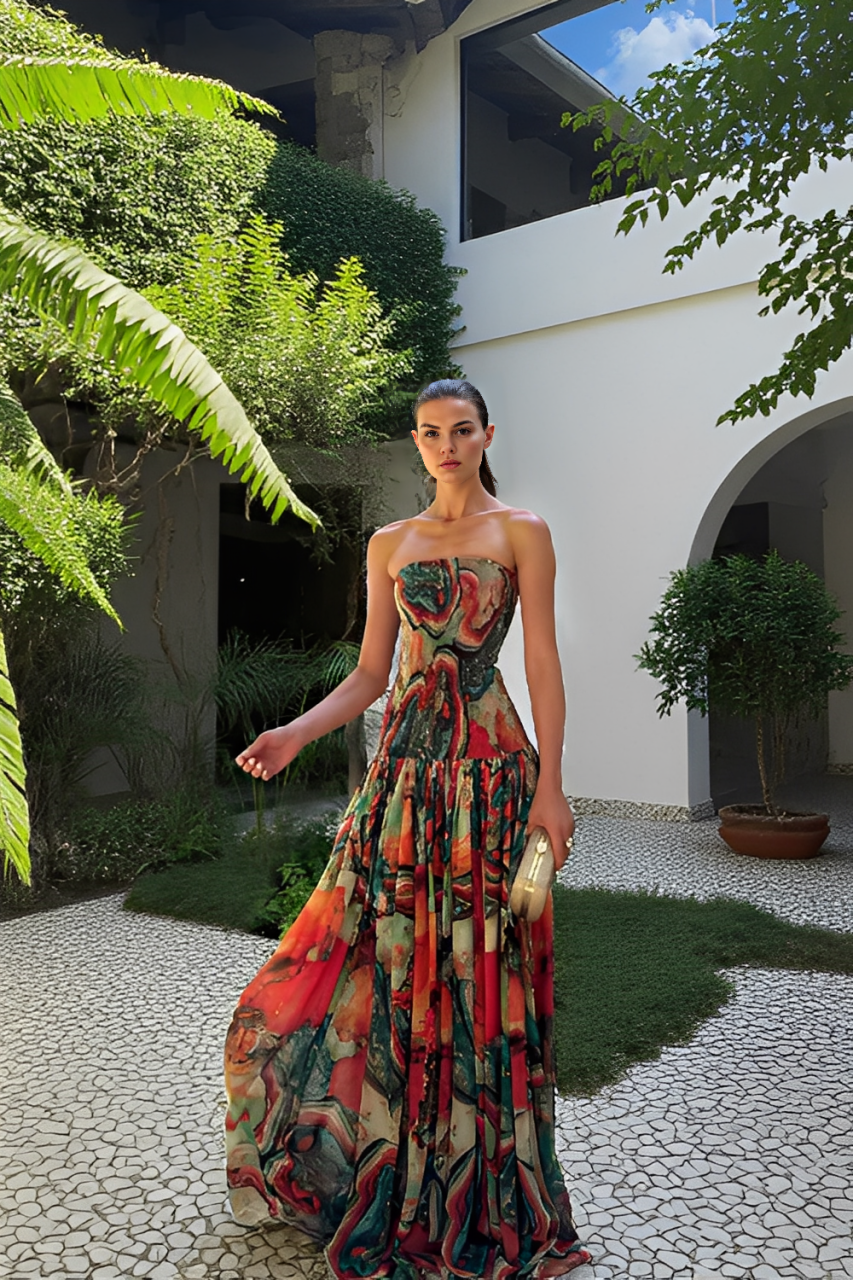 Thalina | Tropical Lava Print Off Shoulder Maxi Dress