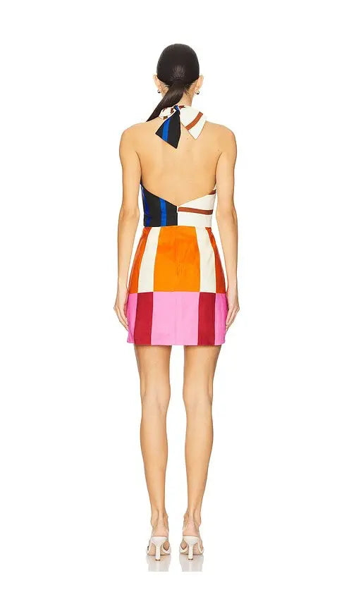 Kaïa | Abstract Color Block Halter Mini Dress