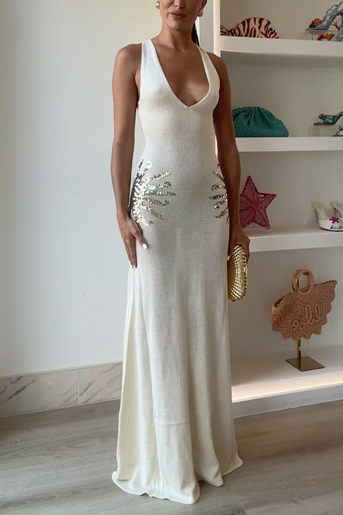 Valeria | Sparkling Sequin Cross Back Knit Maxi Dress