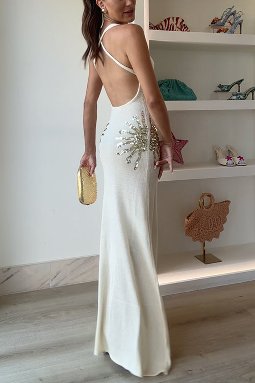 Valeria | Sparkling Sequin Cross Back Knit Maxi Dress