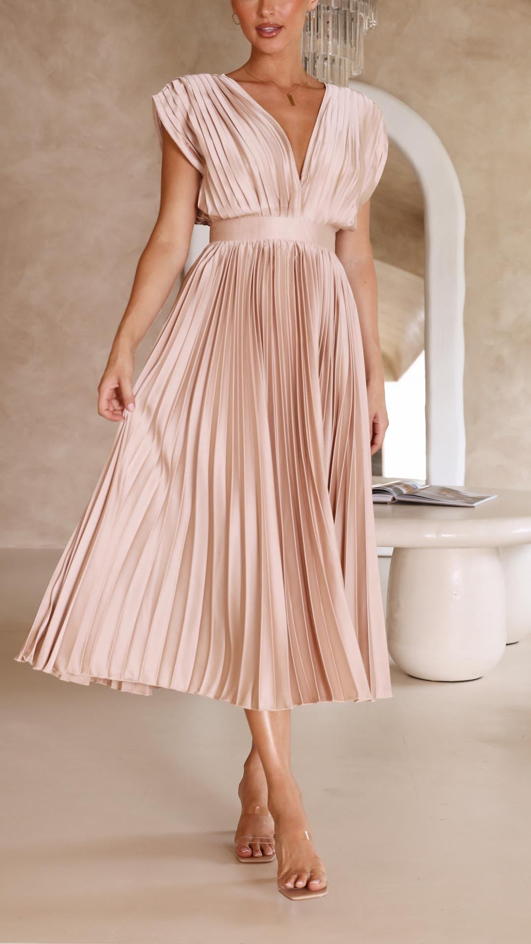 Eloria | Deep V-Neck Pleated Midi Dress