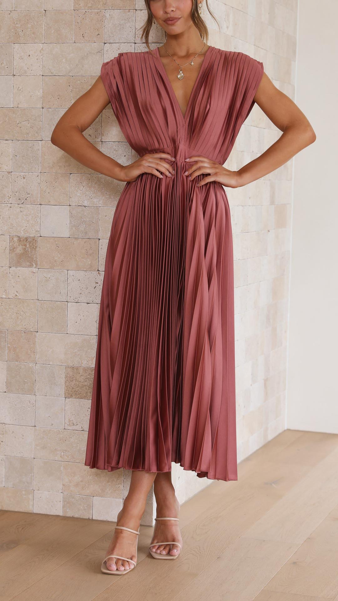 Eloria | Deep V-Neck Pleated Midi Dress