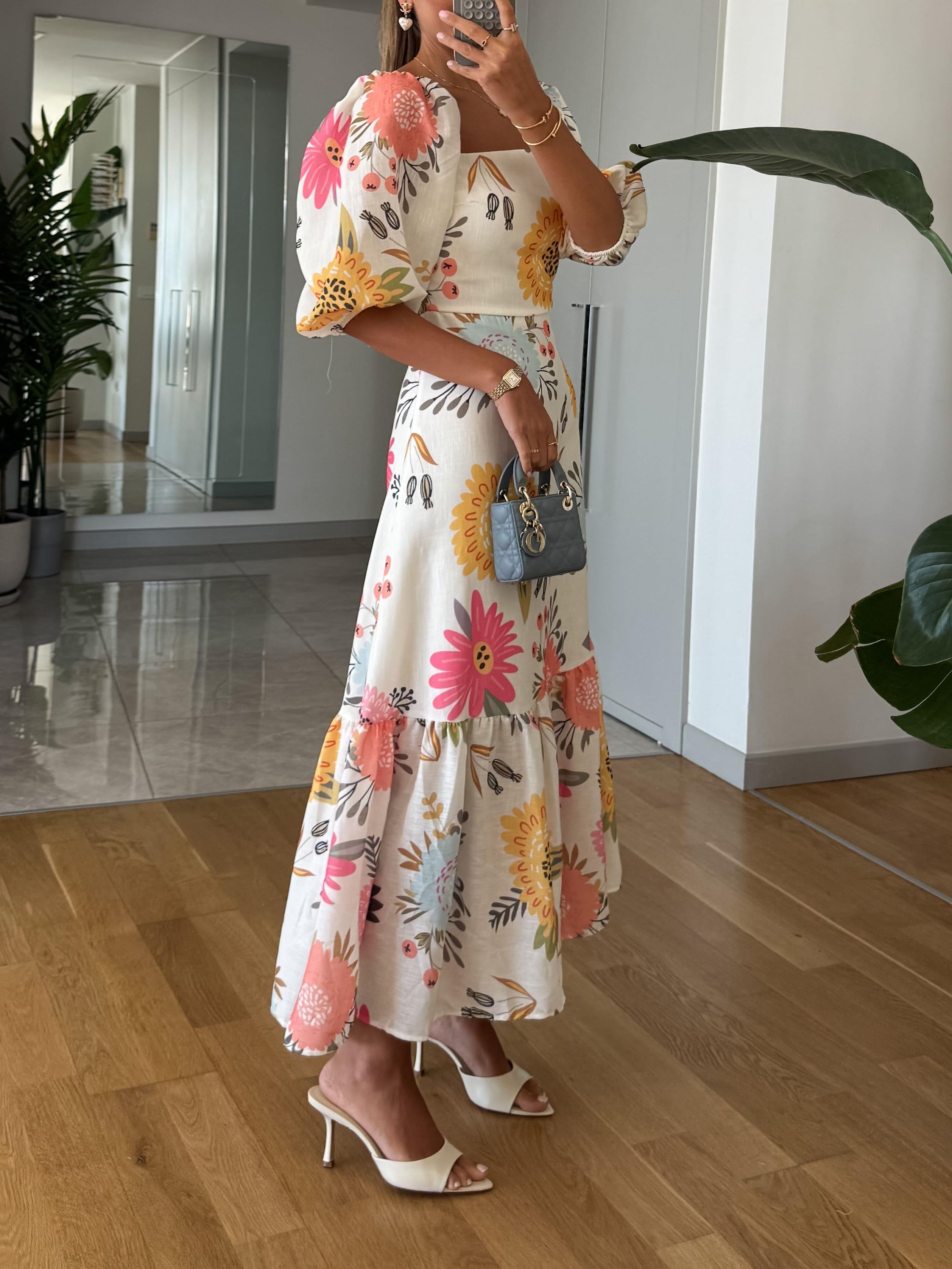 Camille | Square Neck Floral Puff Sleeve Midi Dress