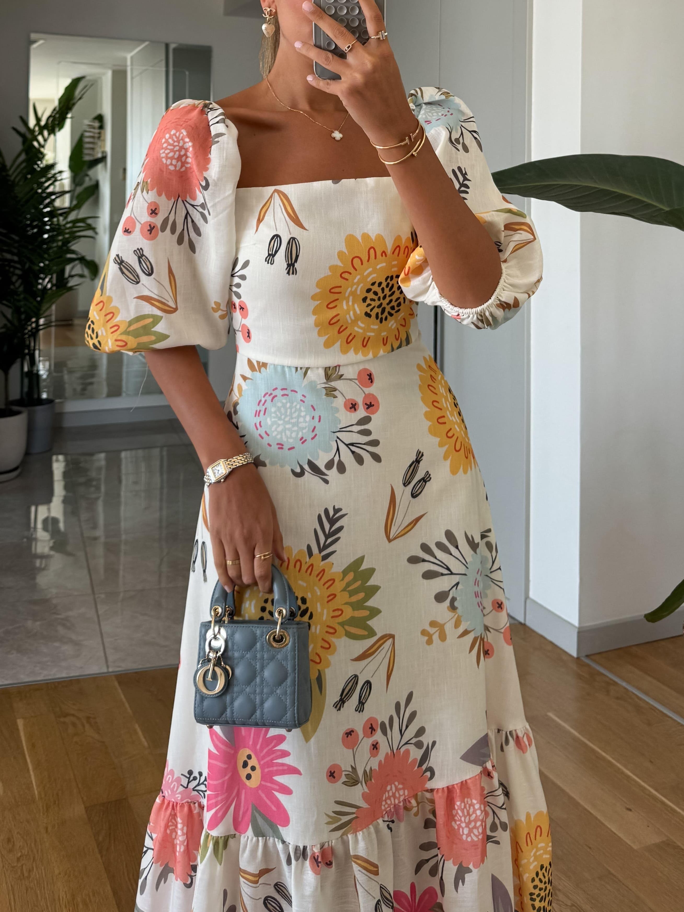 Camille | Square Neck Floral Puff Sleeve Midi Dress