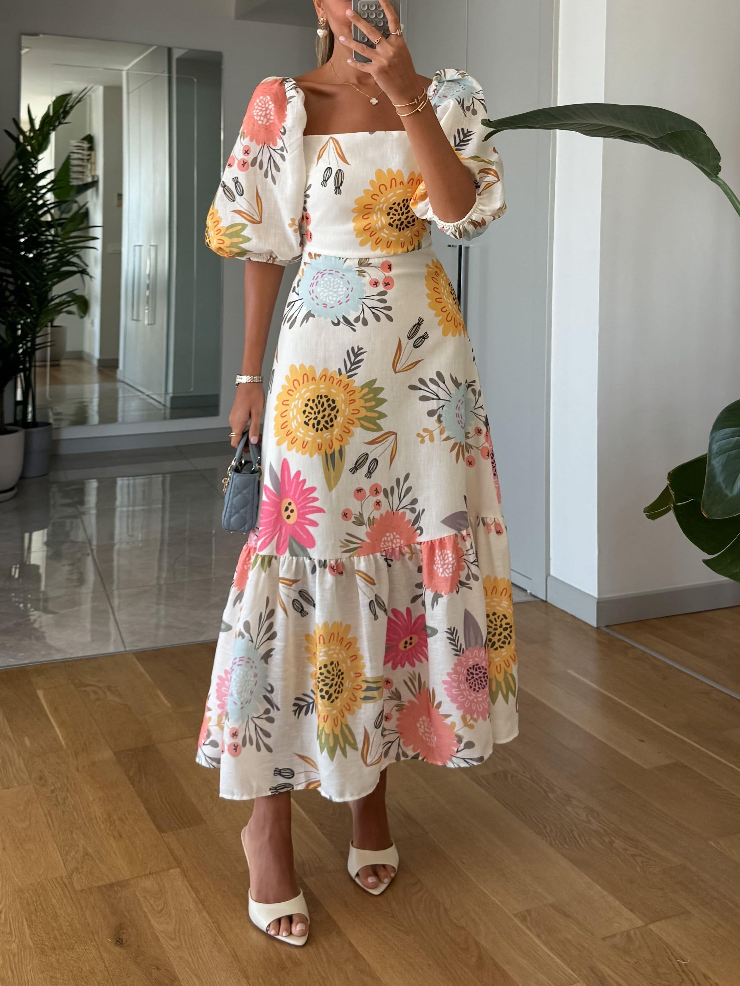 Camille | Square Neck Floral Puff Sleeve Midi Dress