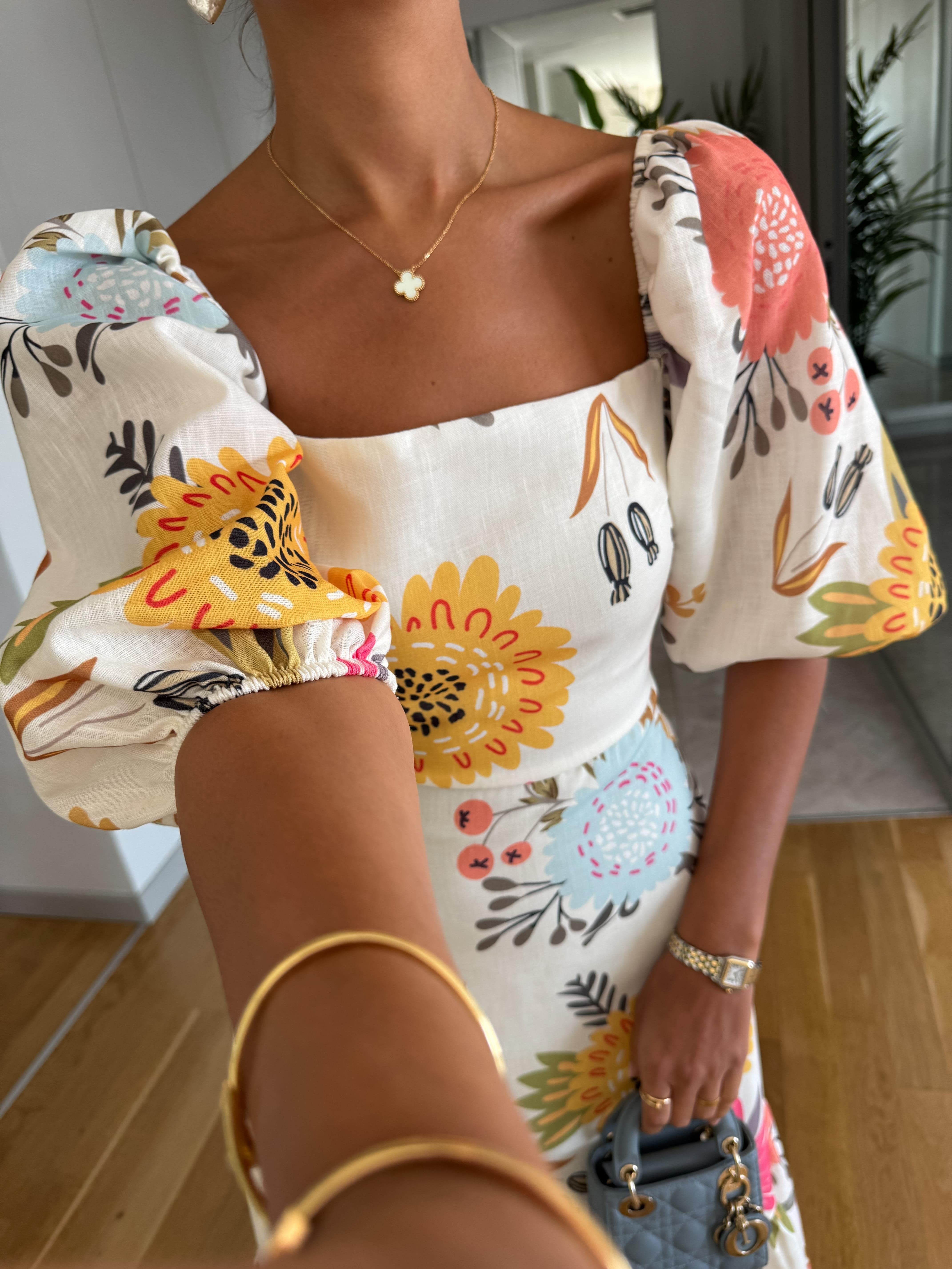 Camille | Square Neck Floral Puff Sleeve Midi Dress