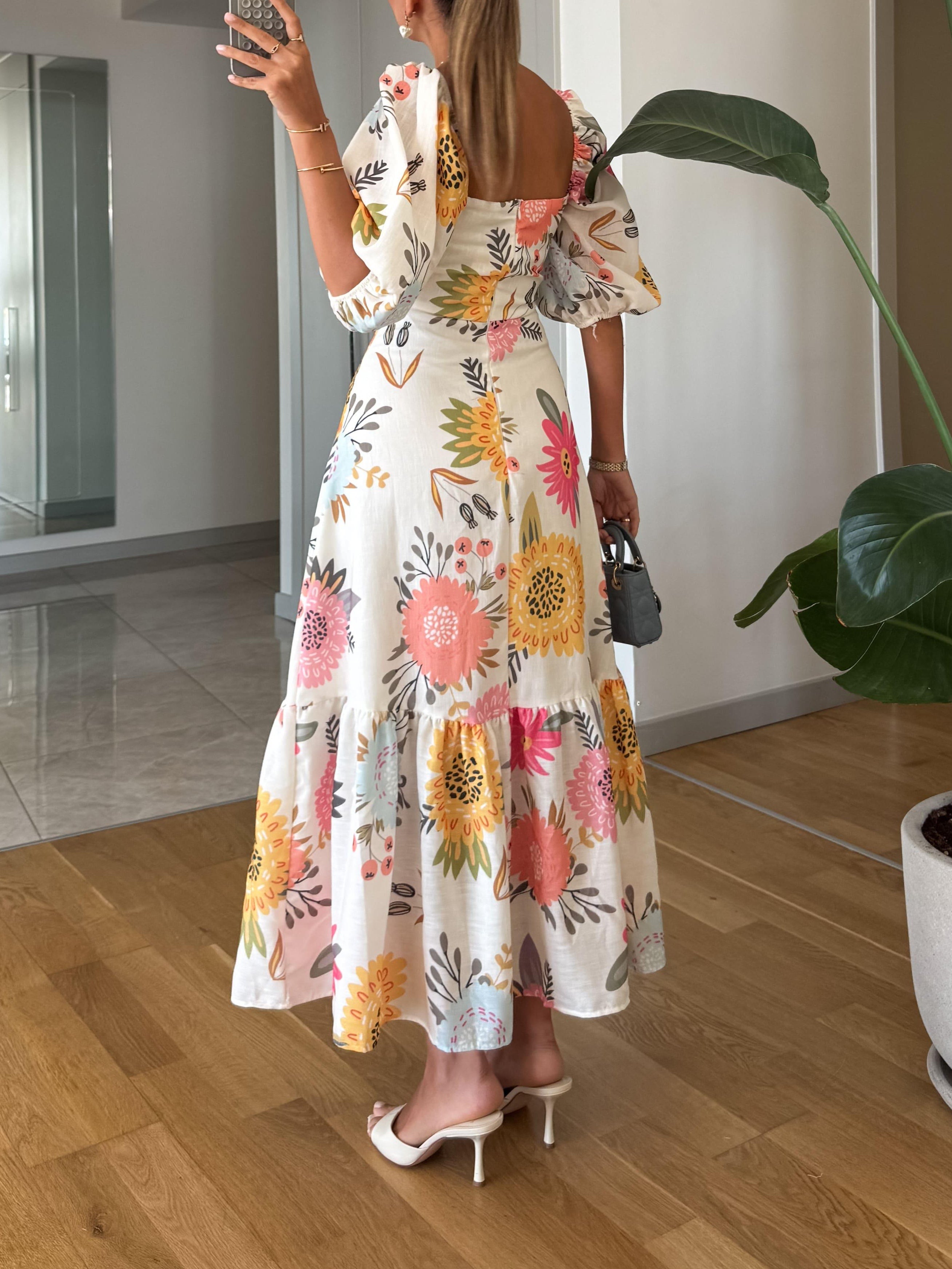 Camille | Square Neck Floral Puff Sleeve Midi Dress