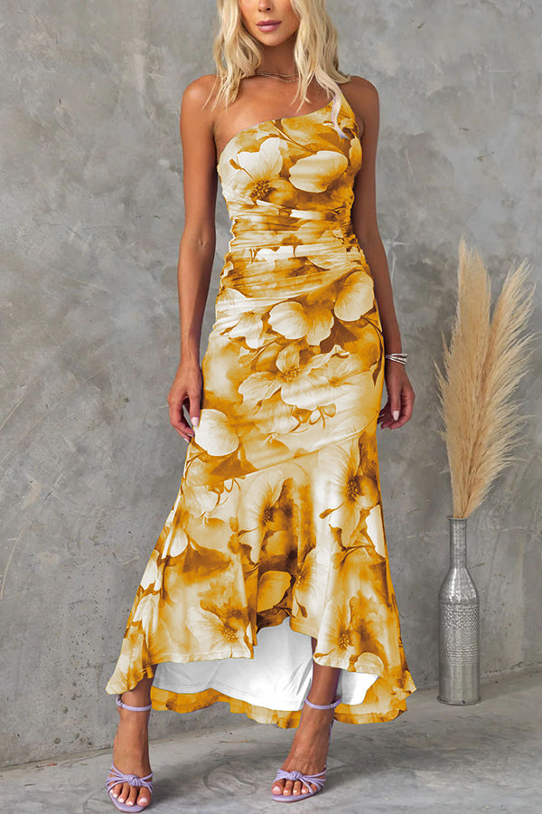 Selene | Ruched Mesh Floral Print Maxi Dress